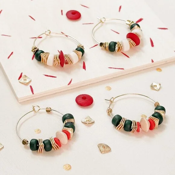 Boho Hoop Earrings Green Stone Beaded Gold Hoops Coral Ivory | Artisan Style - Picture 9 of 10